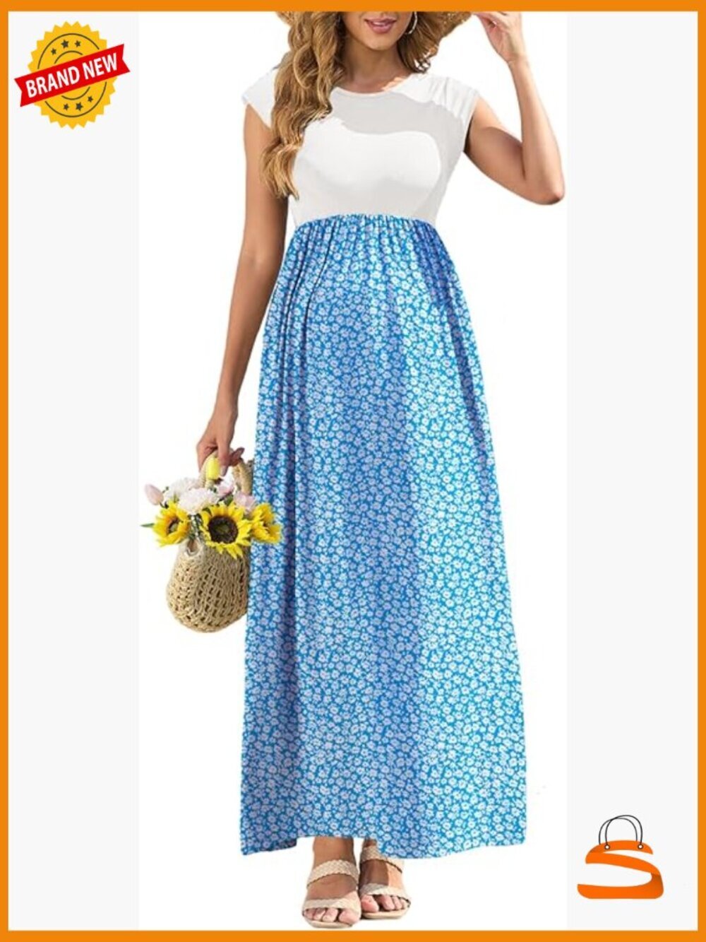 Maternity Maxi Dress with Pockets Cap Sleeve Crew Neck A Line Floral Print